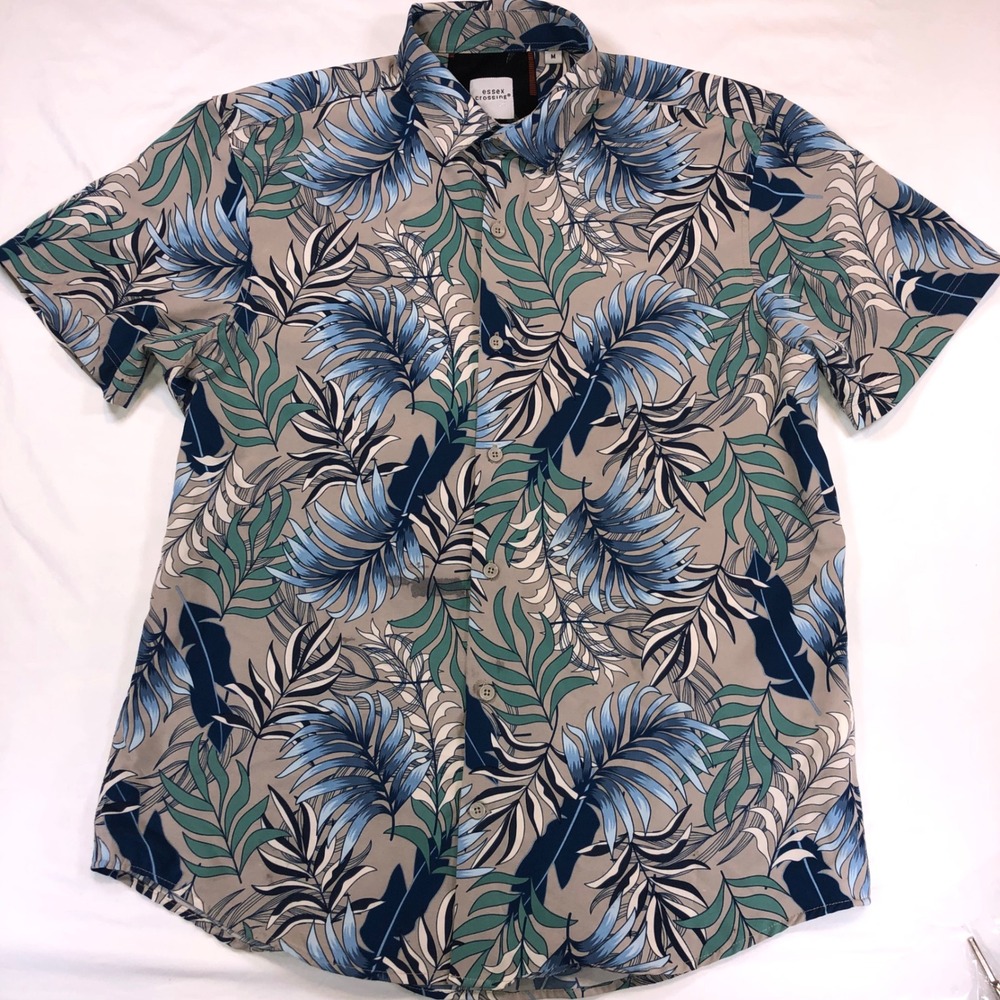 Essex Crossing Mens Short Sleeve Tropical Palm Leaf Print Stretch Shirt Medium